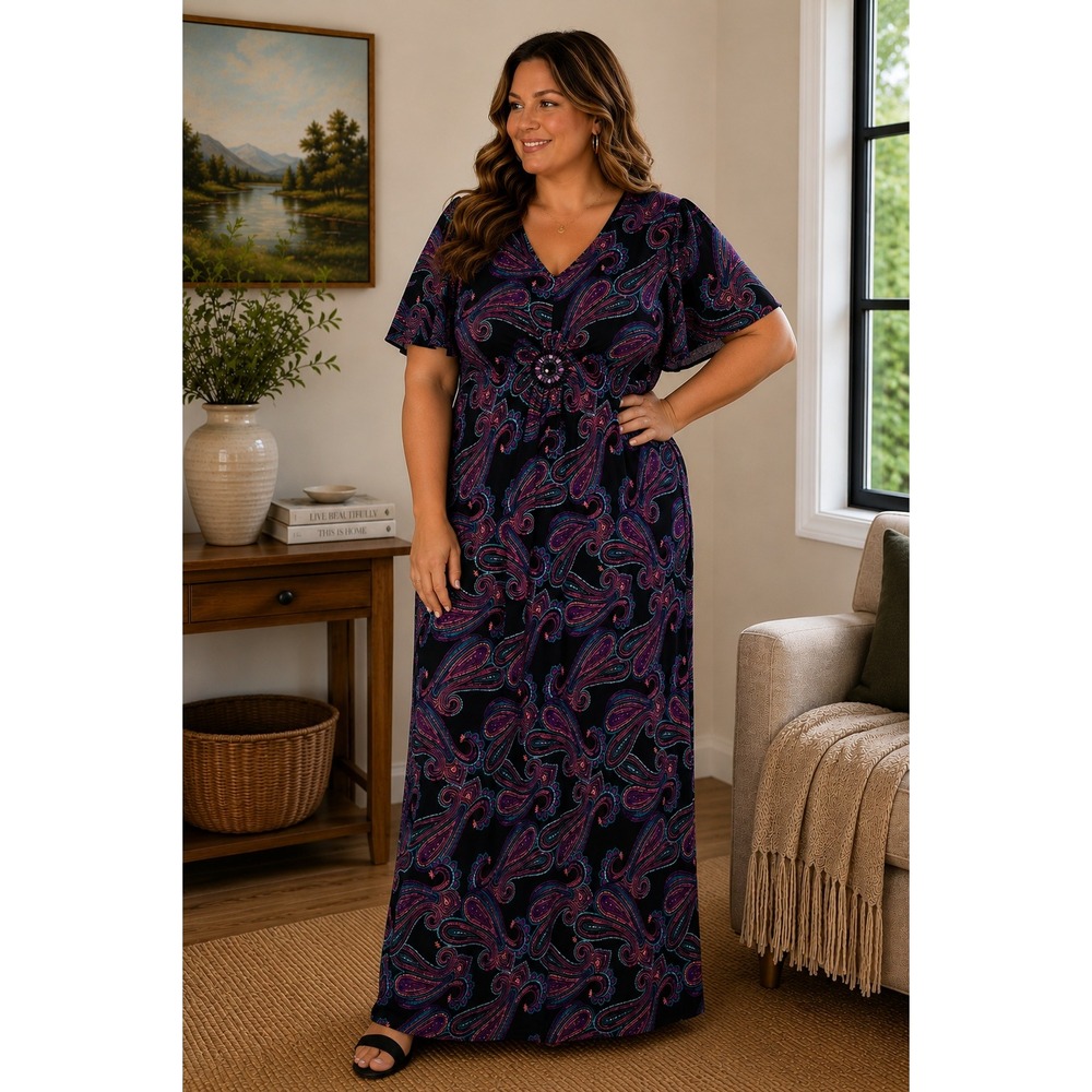 Catherines Maxi Dress Womens 1X 18/20W Black Paisley Beaded Flutter Sleeve